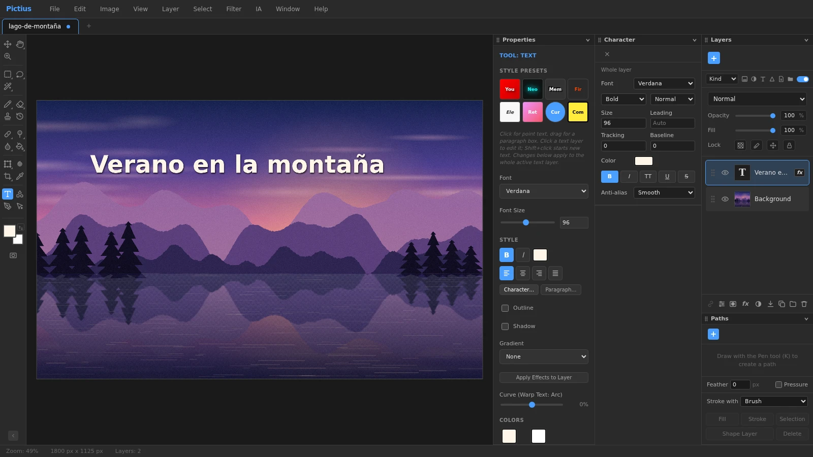 Pictius con un título escrito sobre un paisaje de montaña, las opciones de la herramienta Text en el panel Properties y el panel Character con fuente, tamaño, interletraje y color.