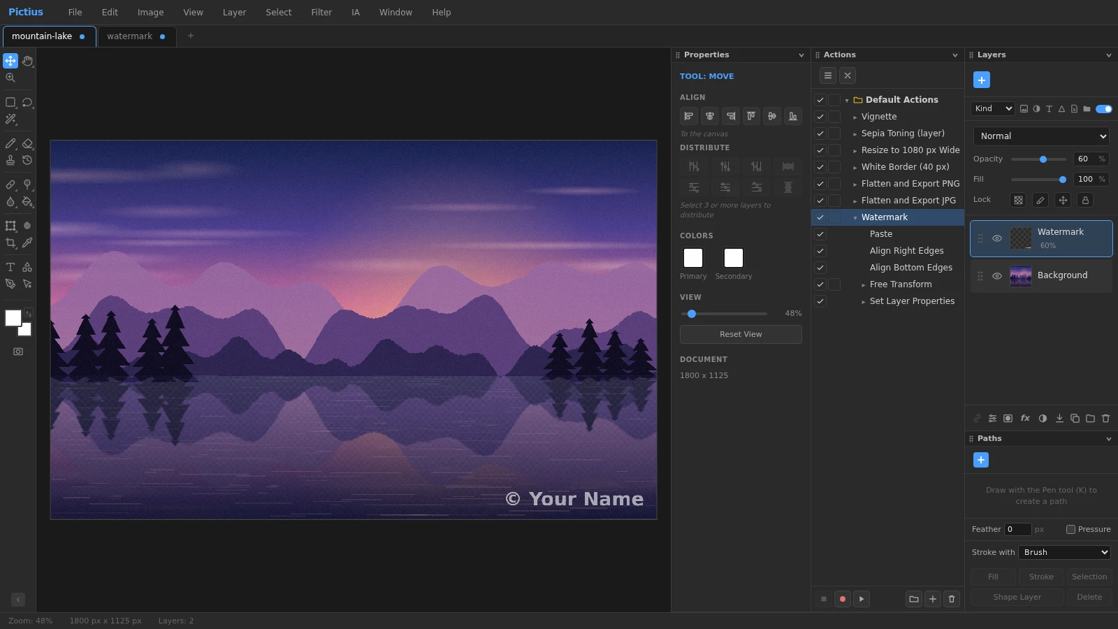 A landscape photo in Pictius with a white text watermark at 60% opacity in the bottom right corner, and the Actions panel showing the recorded Watermark action.