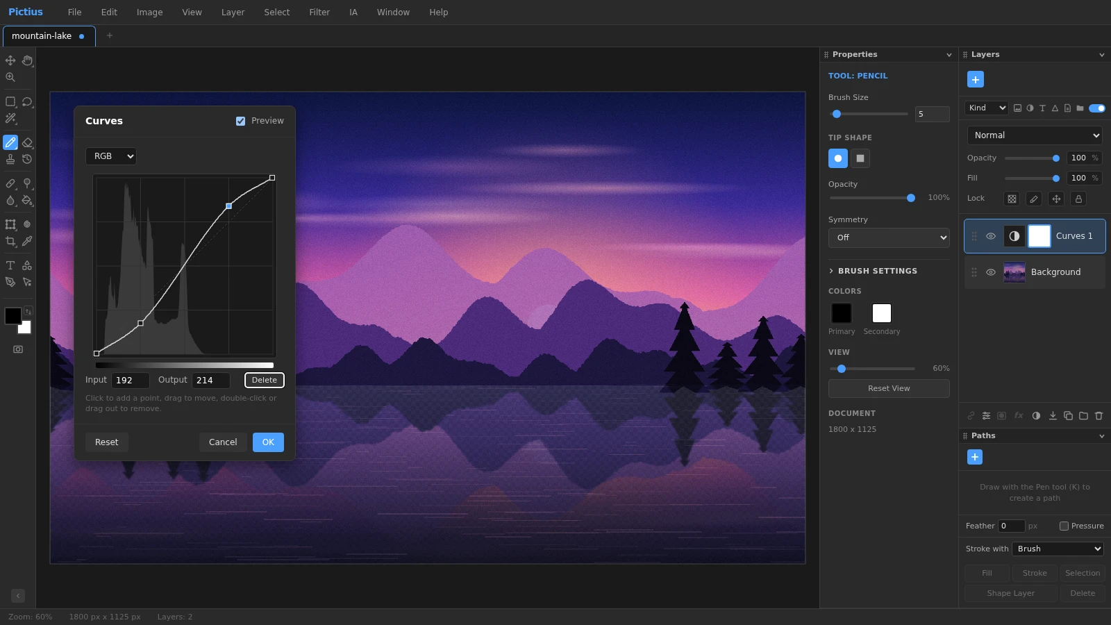 The Curves dialog in Pictius with a gentle S curve over the histogram, adding contrast to a landscape photo, and a Curves adjustment layer in the Layers panel.
