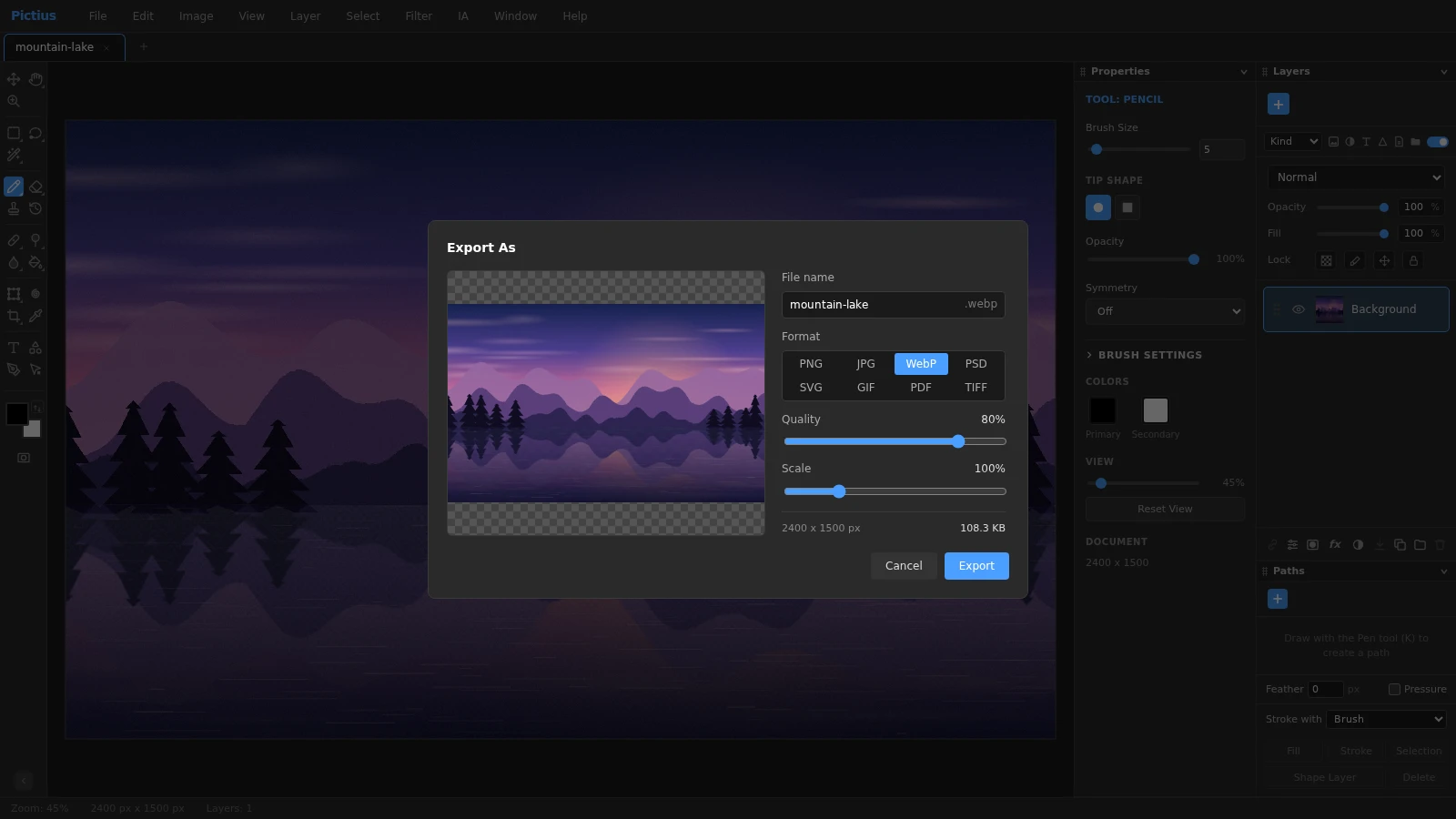 The Export As dialog in Pictius with WebP selected, the Quality and Scale sliders, the output size in pixels and the estimated file size