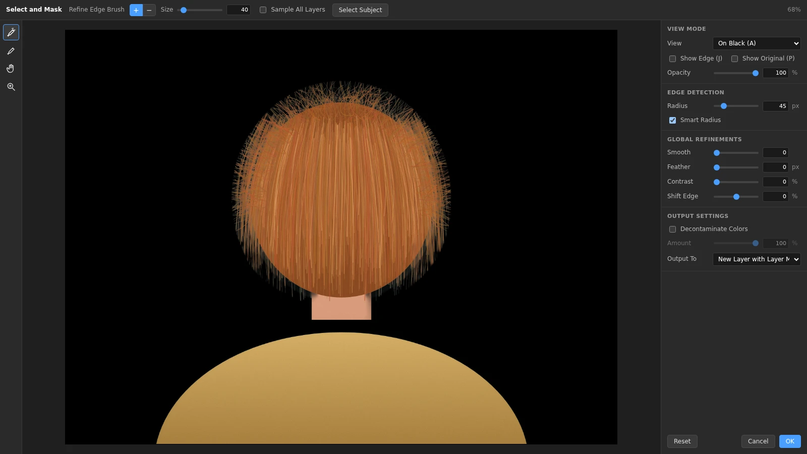 El espacio de trabajo Select and Mask de Pictius con una persona vista de espaldas y el pelo suelto sobre la vista On Black, con Radius, Smart Radius y Output To en New Layer with Layer Mask