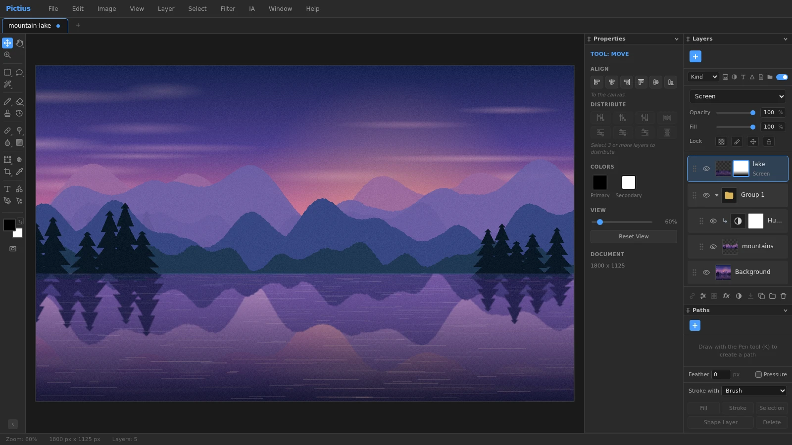 The Layers panel in Pictius with a group holding a mountains layer and a Hue/Saturation adjustment clipped to it, and a lake layer in Screen mode with a gradient layer mask.