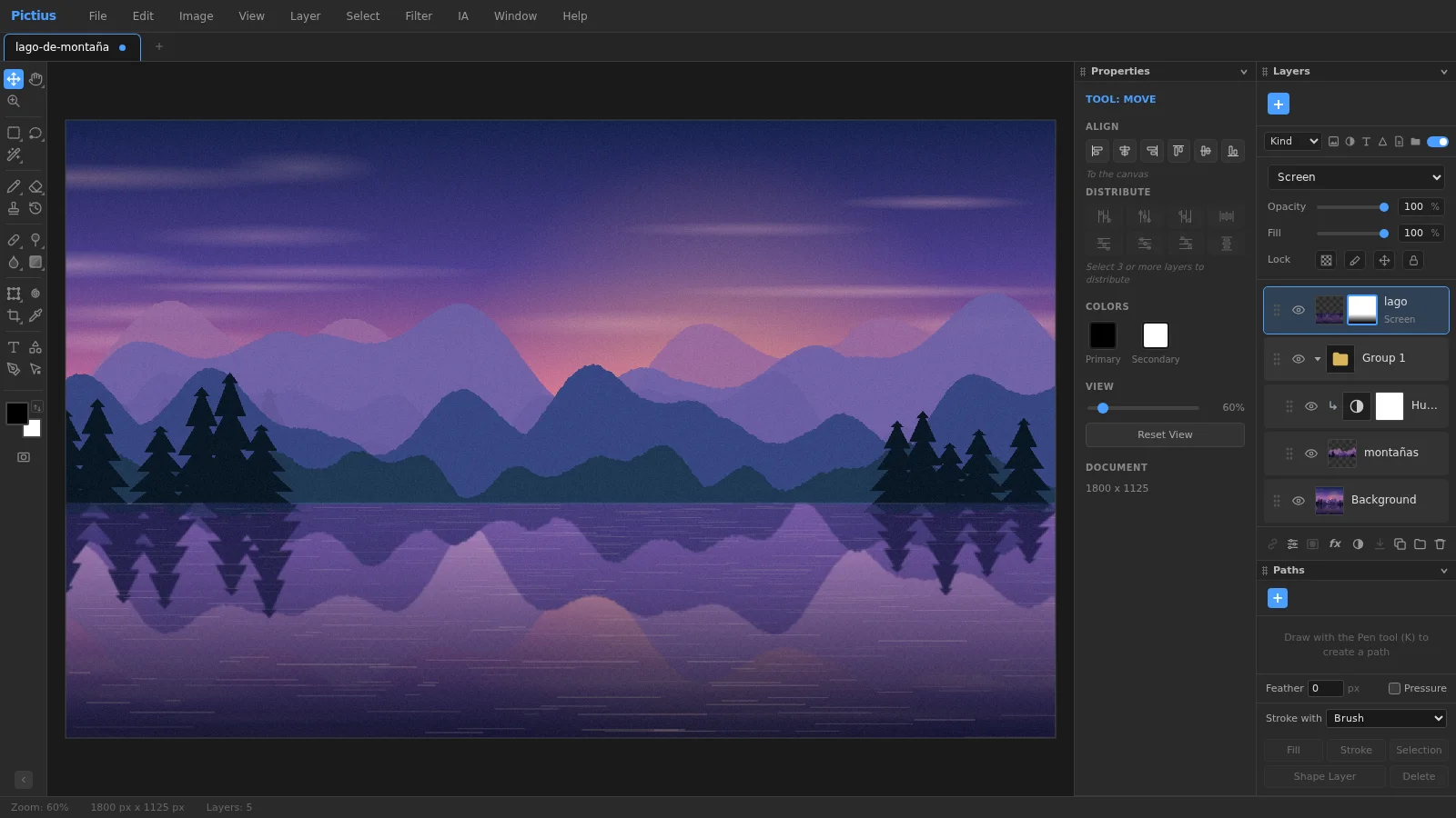 El panel Layers de Pictius con un grupo que contiene una capa de montañas y un ajuste Hue/Saturation recortado a ella, y una capa de lago en modo Screen con una máscara degradada.