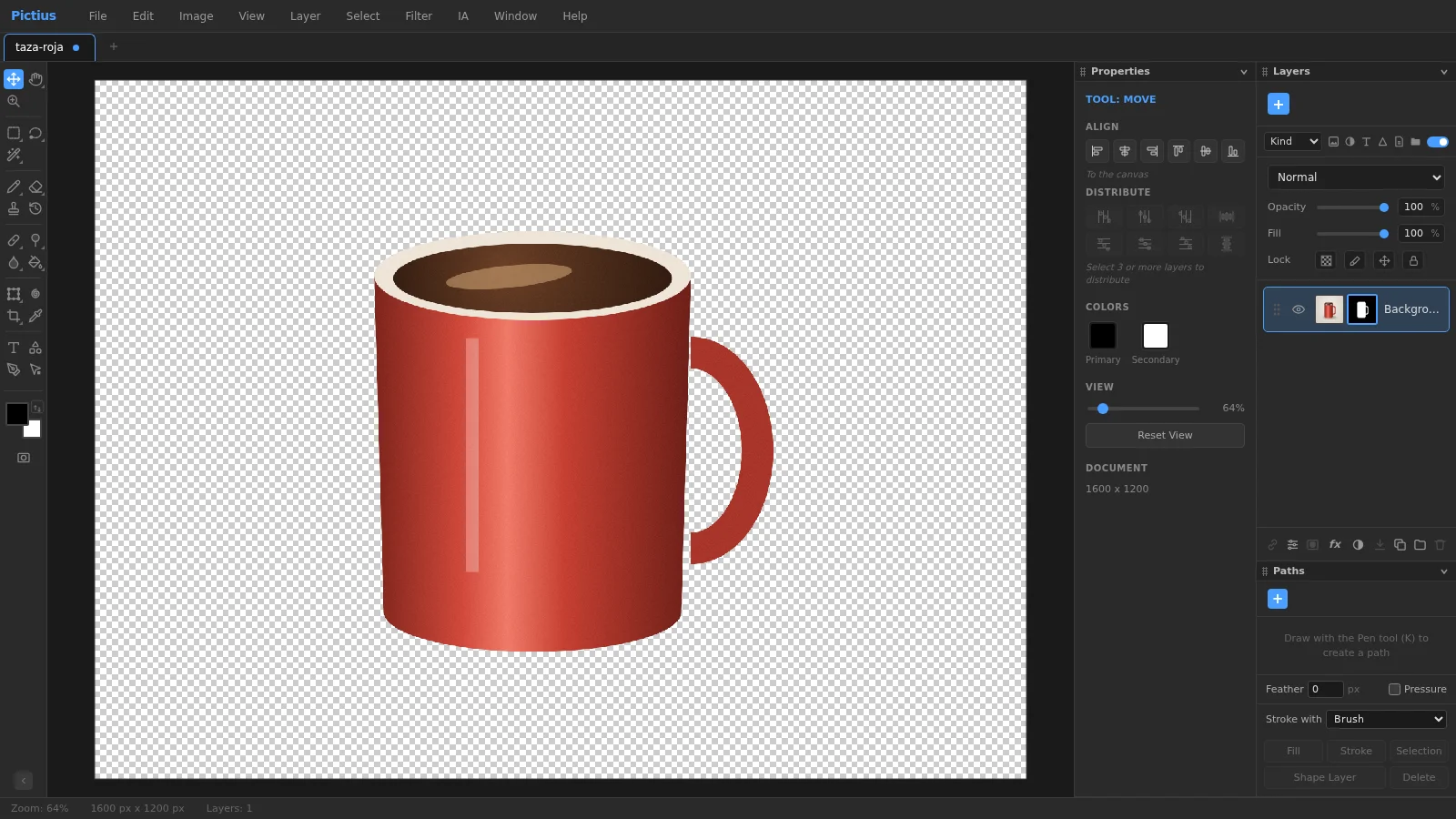 Una taza roja en Pictius con el fondo oculto por una máscara de capa, que se ve como un damero transparente, y la miniatura de la máscara en el panel Layers