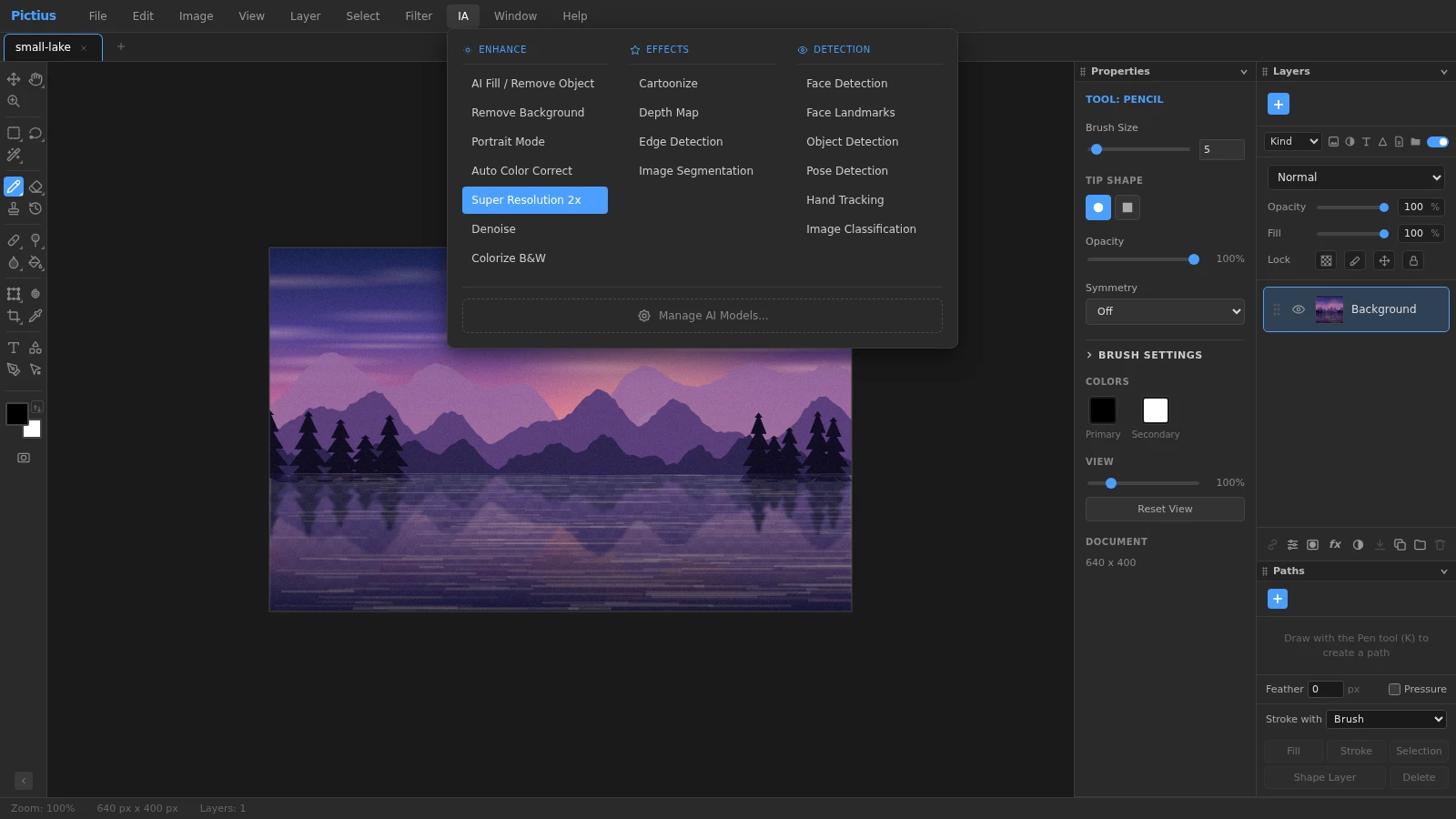 The IA menu open in Pictius with Super Resolution 2x highlighted, over a small landscape photo at 100% zoom