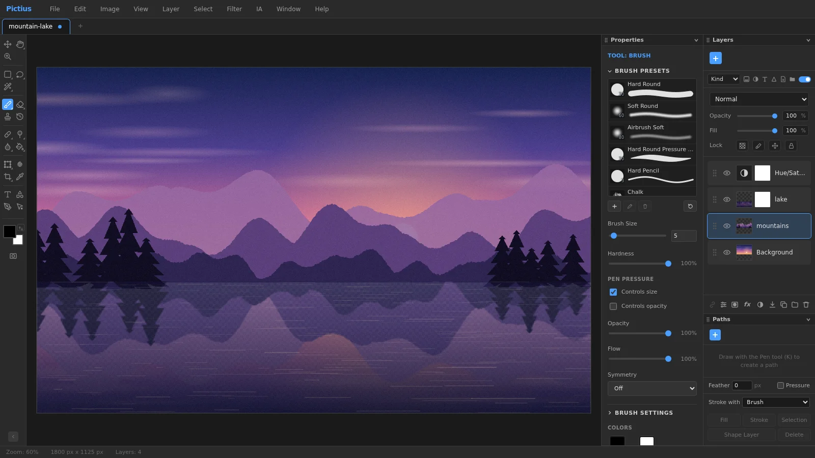 The Pictius editor with a mountain landscape split into layers, the Layers panel with a layer mask and an adjustment layer, and the tool options